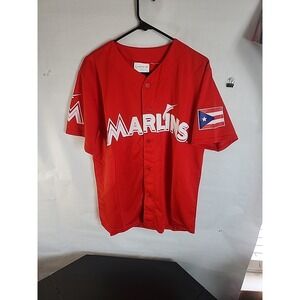 Red & White Marlins Jersey With Flag of Puerto Rico On Sleeve. MENS SMALL